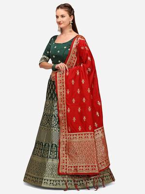Green Woven Design Semi-Stitched Lehenga & Unstitched Blouse with Dupatta 3