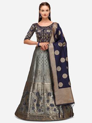 Grey Woven Design Semi-Stitched Lehenga & Unstitched Blouse with Dupatta 2