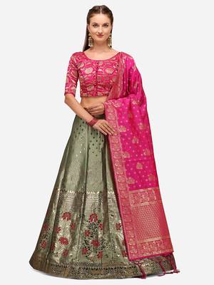 Sea Green Woven Design Semi-Stitched Lehenga & Unstitched Blouse with Dupatta 1