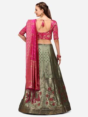 Sea Green Woven Design Semi-Stitched Lehenga & Unstitched Blouse with Dupatta 2