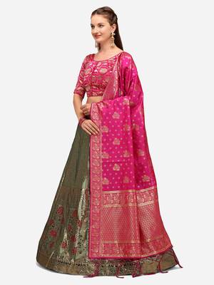 Sea Green Woven Design Semi-Stitched Lehenga & Unstitched Blouse with Dupatta 3