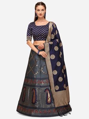 Blue Woven Design Semi-Stitched Lehenga & Unstitched Blouse with Dupatta 1