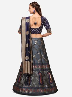 Blue Woven Design Semi-Stitched Lehenga & Unstitched Blouse with Dupatta 2