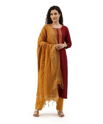 Women Maroon Embroidered Unstitched Dress Material 1