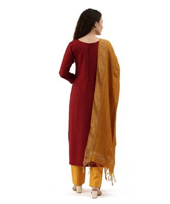 Women Maroon Embroidered Unstitched Dress Material 2