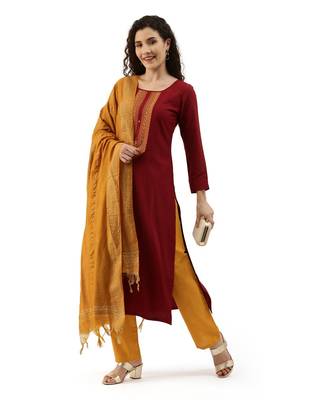 Women Maroon Embroidered Unstitched Dress Material 3