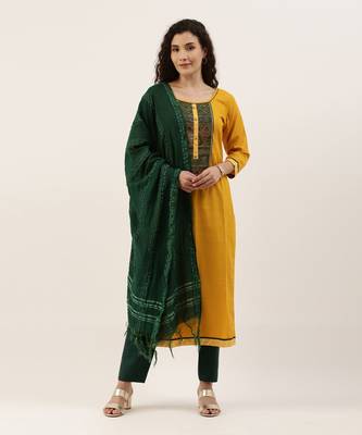 Mustard & Green Print with Gotta Patti Dress Material 1