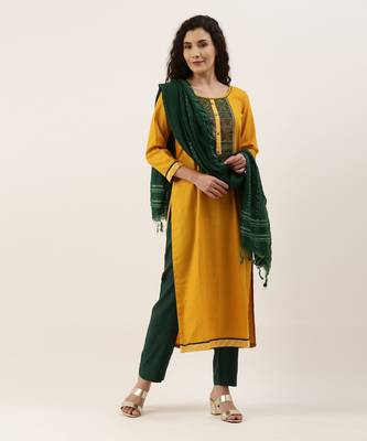 Mustard & Green Print with Gotta Patti Dress Material 2