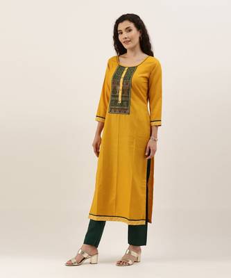 Mustard & Green Print with Gotta Patti Dress Material 3