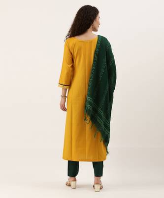 Mustard & Green Print with Gotta Patti Dress Material 4