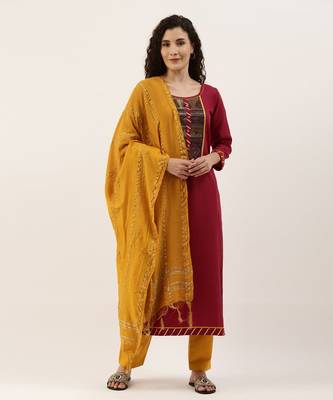 Maroon & Mustard Print with Gotta Patti Dress Material 1