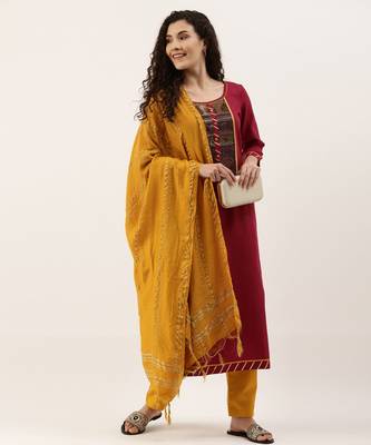 Maroon & Mustard Print with Gotta Patti Dress Material 2