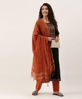 Black & Orange Print with Gotta Patti Dress Material 1