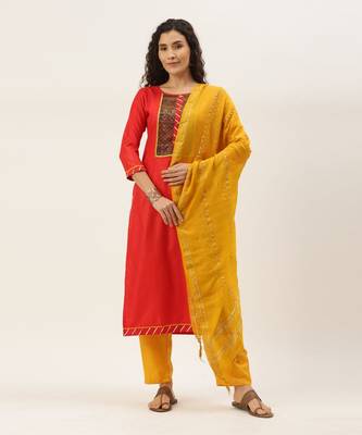 Red & Yellow Print with Gotta Patti  Dress Material 1