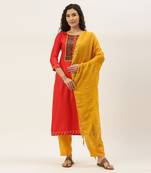 Red & Yellow Print with Gotta Patti  Dress Material