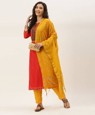 Red & Yellow Print with Gotta Patti  Dress Material 4