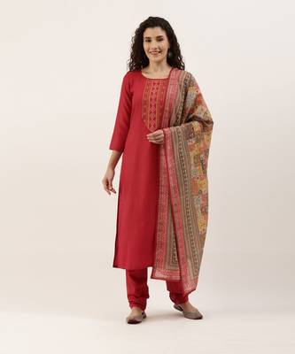 Red Cotton Blend Embroidered Dress Material With Printed Dupatta 1