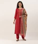 Red Cotton Blend Embroidered Dress Material With Printed Dupatta