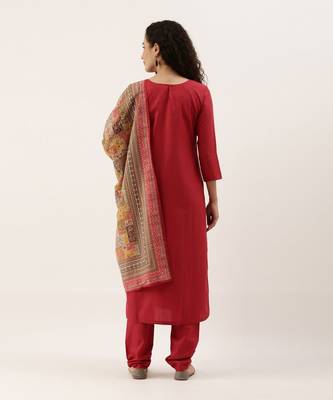 Red Cotton Blend Embroidered Dress Material With Printed Dupatta 2