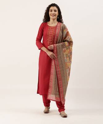Red Cotton Blend Embroidered Dress Material With Printed Dupatta 3