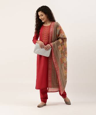 Red Cotton Blend Embroidered Dress Material With Printed Dupatta 4