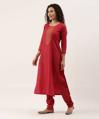 Red Cotton Blend Embroidered Dress Material With Printed Dupatta 5
