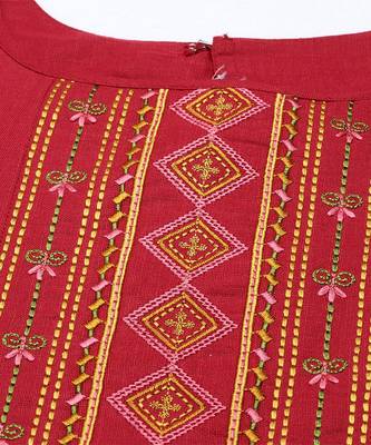 Red Cotton Blend Embroidered Dress Material With Printed Dupatta 6