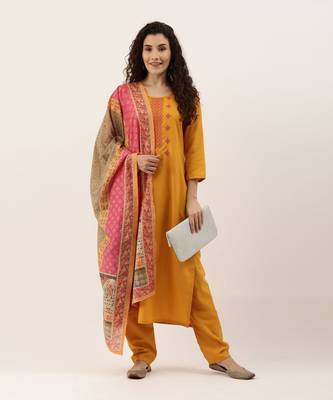 Mustard Cotton Blend Embroidered Dress Material With Printed Dupatta 1
