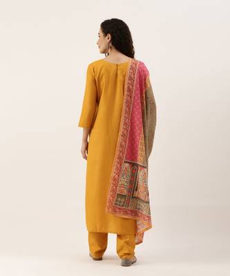 Mustard Cotton Blend Embroidered Dress Material With Printed Dupatta 2