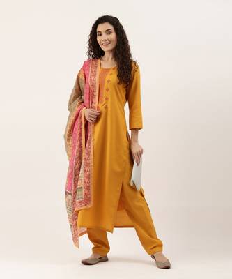 Mustard Cotton Blend Embroidered Dress Material With Printed Dupatta 3