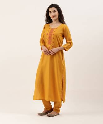 Mustard Cotton Blend Embroidered Dress Material With Printed Dupatta 4