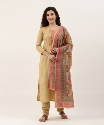 Beige Cotton Blend Embroidered Dress Material With Printed Dupatta 1