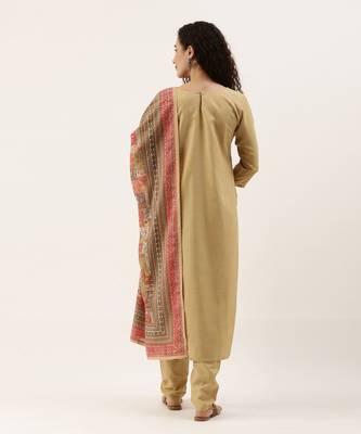 Beige Cotton Blend Embroidered Dress Material With Printed Dupatta 2