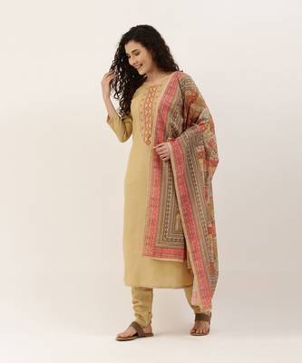 Beige Cotton Blend Embroidered Dress Material With Printed Dupatta 3