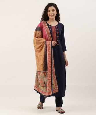 Blue Cotton Blend Embroidered Dress Material With Printed Dupatta 1