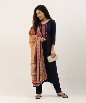 Blue Cotton Blend Embroidered Dress Material With Printed Dupatta 3