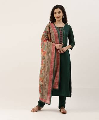 Green Cotton Blend Embroidered Dress Material With Printed Dupatta 1