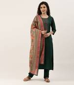 Green Cotton Blend Embroidered Dress Material With Printed Dupatta
