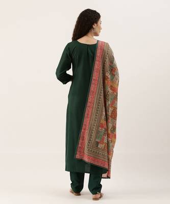 Green Cotton Blend Embroidered Dress Material With Printed Dupatta 2