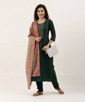 Green Cotton Blend Embroidered Dress Material With Printed Dupatta 3