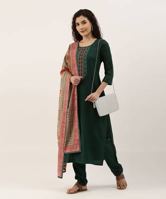 Green Cotton Blend Embroidered Dress Material With Printed Dupatta 4