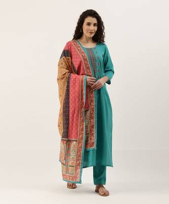 Sea Green Cotton Blend Embroidered Dress Material With Printed Dupatta 1