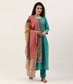 Sea Green Cotton Blend Embroidered Dress Material With Printed Dupatta