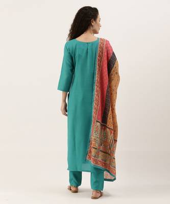 Sea Green Cotton Blend Embroidered Dress Material With Printed Dupatta 2
