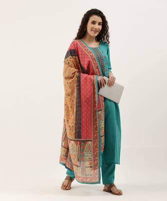 Sea Green Cotton Blend Embroidered Dress Material With Printed Dupatta 3