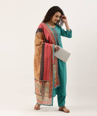 Sea Green Cotton Blend Embroidered Dress Material With Printed Dupatta 4