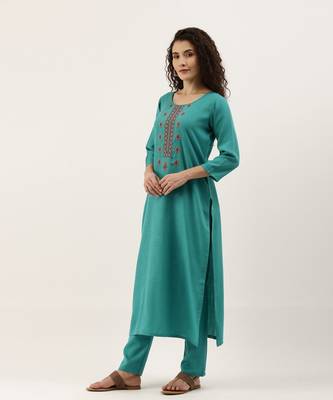 Sea Green Cotton Blend Embroidered Dress Material With Printed Dupatta 5