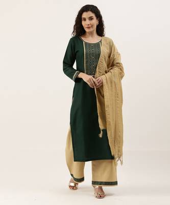 Women's Green & Cream Gotta Patti With Button Dress Material 1