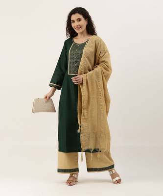 Women's Green & Cream Gotta Patti With Button Dress Material 3