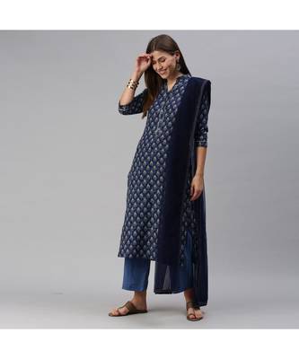 SheWill Blue Cotton Blend Printed Straight Dress Material With Net Dupatta 1